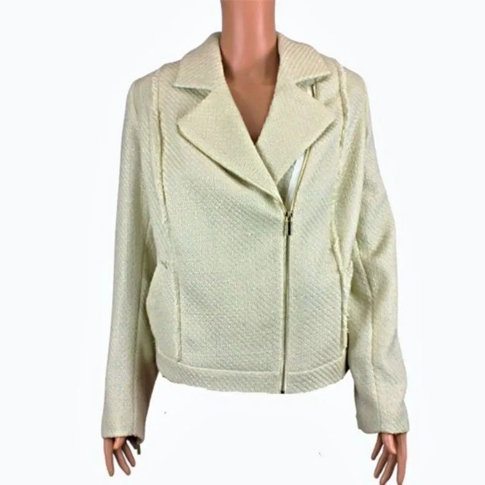 Jacket Boucle' Asymmetrical Gold Tone Zipper Front Collared Beige Plus Sz 26